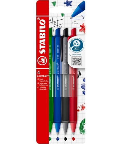Stabilo Pointball Colorful Pack de 4 Boligrafos Retractiles - Trazo 0.5mm - Hechos con 87% Bioplastico - Grip Antideslizante - R