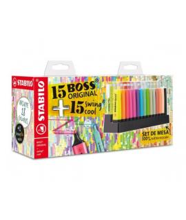 Stabilo Pack de Set de Mesa con 15 Marcadores Stabilo Boss y 15 Mercadores Swing Cool - Tinta con Base de Agua - Colores Surtido