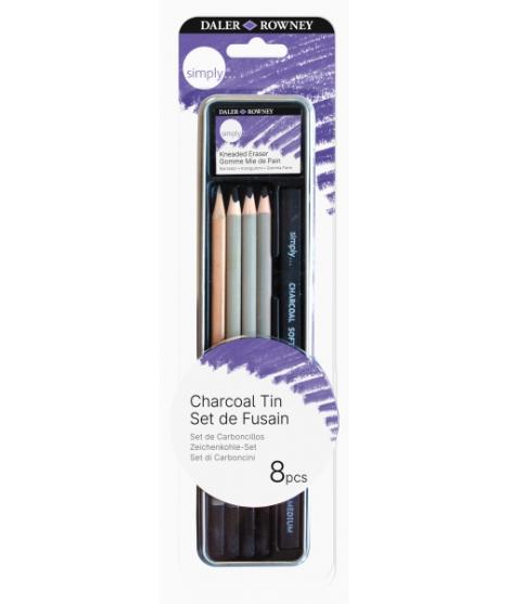 Daler Rowney Simply Pack de 8 Lapices para Esbozo y Carboncillos - Bote Metalico - Color Negro