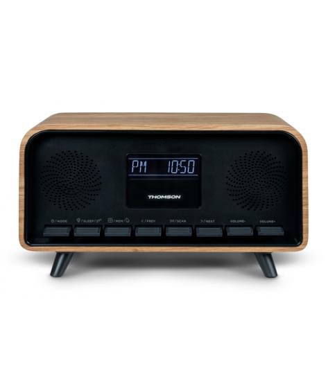Thomson RT850BT Altavoz Retro Bluetooh - Radio Reloj Despertador - Potencia musical 30W - Color Madera/Negro