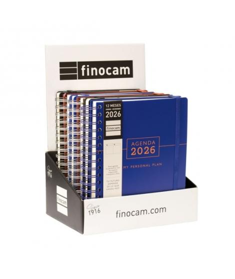 Finocam Tempus Expositor con 6 Agendas de Espiral - Anual 2026 - Tapa Extradura - Cierre de Goma - Color Surtidos