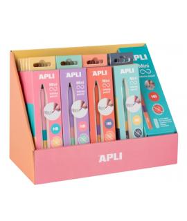 Apli Mini Infinite Pencil Expositor con 20 Packs de Mini Lapices Infinitos HB + Mina de Recambio + Tapon Protector - Para Escrib