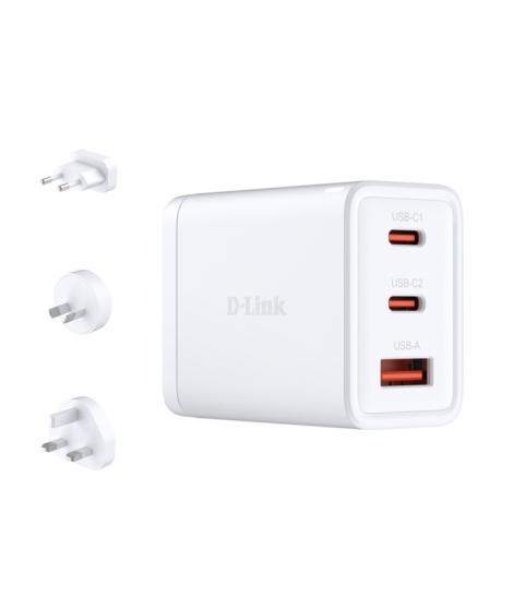 D-Link Cargador de Pared GaN de 65W - 2 USB-C y 1 USB-A - Conectores Intercambiables - Color Blanco