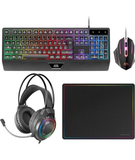 Mars Gaming MCP124PRO Combo Pack Gaming 4en1 - Teclado Hibrido H-Mech - Disposicion Francesa AZERTY FR - Raton 3200dpi - Alfombr