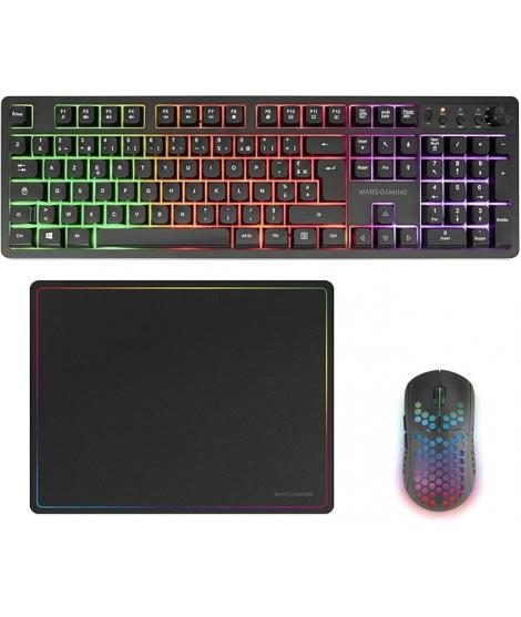 Mars Gaming MCPWX Combo Pack Gaming 3en1 - Teclado Hibrido H-Mech - Disposicion Francesa AZERTY FR - Raton 3200dpi - Switches HU