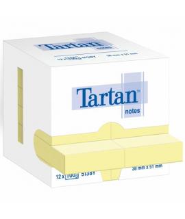 Tartan Pack de 12 Blocs de 100 Notas Adhesivas Reposicionables 51x38mm - 100% PEFC - Color Amarillo Claro