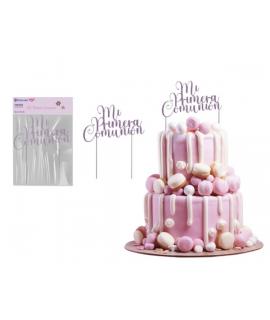 Bismark Topper Primera Comunion para Tarta - Material Acrilico Efecto Glitter - Color Lila