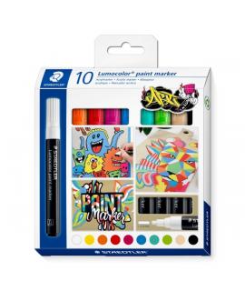 Staedtler Lumocolor 349 Pack con 10 Marcadores Acrilicos Permanentes - Trazo 2.4 mm aprox. - Tinta Base de Agua - Colores Surtid