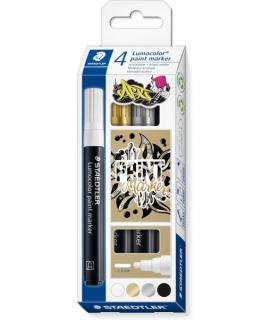 Staedtler Lumocolor 349 Pack con 4 Marcadores Acrilicos Permanentes - Trazo 2.4 mm aprox. - Tinta Base de Agua - Colores Surtido