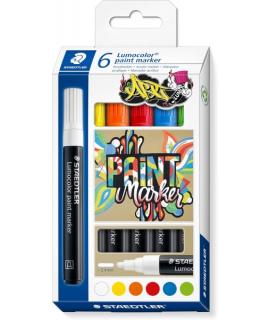 Staedtler Lumocolor 349 Pack con 6 Marcadores Acrilicos Permanentes - Trazo 2.4 mm aprox. - Tinta Base de Agua - Colores Surtido