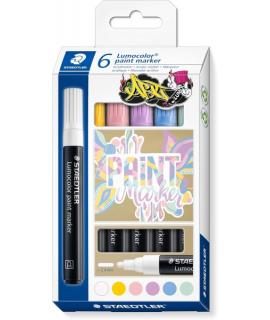 Staedtler Lumocolor 349 Pack con 6 Marcadores Acrilicos Permanentes - Trazo 2.4 mm aprox. - Tinta Base de Agua - Colores Pastel 
