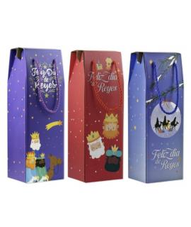 Bismark Caja/Bolsa de Carton con Asa para Botellas Reyes Magos - Medidas 13x36x10cm - 3 Diseños Diferentes Aleatorios