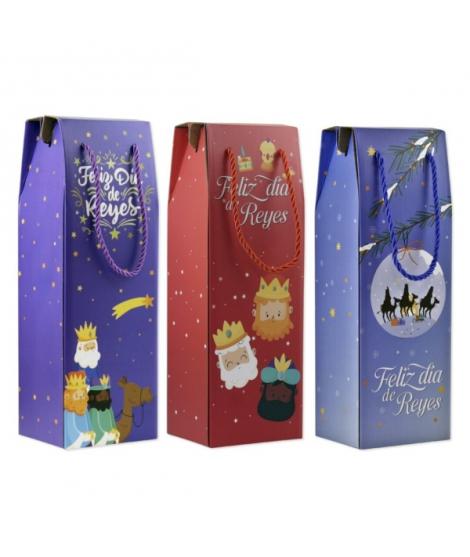 Bismark Caja/Bolsa de Carton con Asa para Botellas Reyes Magos - Medidas 13x36x10cm - 3 Diseños Diferentes Aleatorios