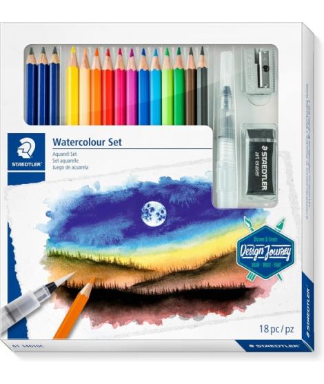 Staedtler Watercolour Set Design Journey Pack con 12 Lapices de Colores Surtidos Acuarelables, 3 Lapices Mars Lumograph Acuarela