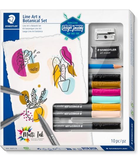 Staedtler Line Art & Botanical Set Design Journey Pack con 6 Rotuladores Pigment Art en Colores Surtidos, Lapiz, Goma de Borrar 