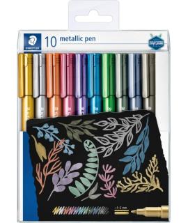 Staedtler Metallic Pen Pack de 10 Rotuladores de Punta Fina - Trazo 1 - 2mm Aprox - Tinta Base de Agua - Colores Surtidos