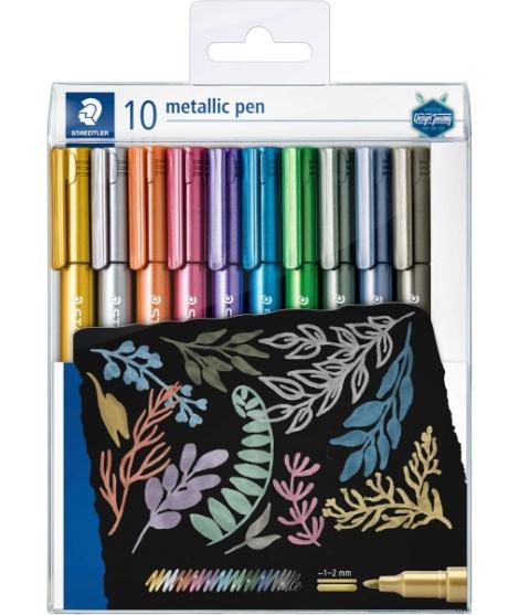 Staedtler Metallic Pen Pack de 10 Rotuladores de Punta Fina - Trazo 1 - 2mm Aprox - Tinta Base de Agua - Colores Surtidos