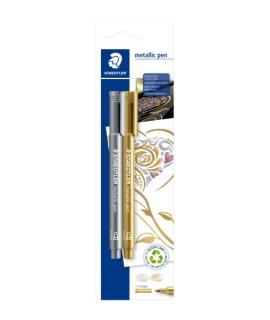 Staedtler Metallic Pen Pack de 2 Rotuladores de Punta Fina - Trazo 1 - 2mm - Tinta Base de Agua - Colores Oro y Plata