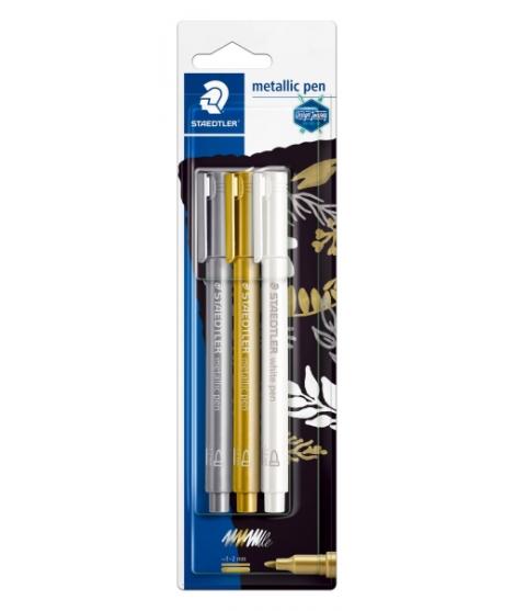 Staedtler Metallic Pen Pack de 3 Rotuladores de Punta Fina - Trazo 1 - 2mm - Tinta Base de Agua - Colores Blanco, Oro y Plata
