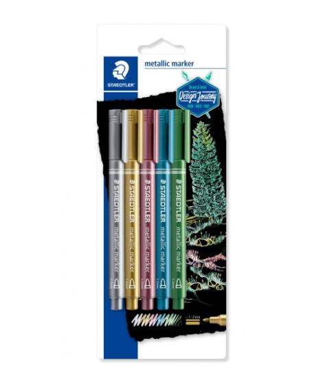 Staedtler Metallic Pen Pack de 5 Rotuladores de Punta Fina - Trazo 1 - 2mm - Tinta Base de Agua - Colores Surtidos