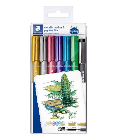 Staedtler Metallic Pen Pack de 6 Rotuladores de Punta Fina Trazo 1 - 2mm + Rotulador Pigment Liner Trazo 0.3 - 2mm - Tinta Base 