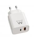 Ewent EW1318 Cargador GAN 20W - USB-C PD y USB-A QC - Carga Rapida - Alta Eficiencia - Diseño Compacto - Color Blanco