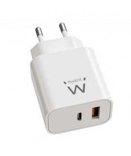 Ewent EW1318 Cargador GAN 20W - USB-C PD y USB-A QC - Carga Rapida - Alta Eficiencia - Diseño Compacto - Color Blanco