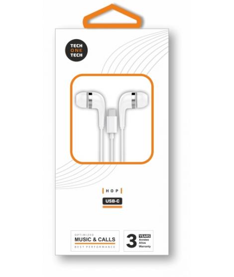 TechOneTech ear Tech Hop Auriculares Intraurales USB-C - Microfono Integrado - Cable de 1.20m - Blanco