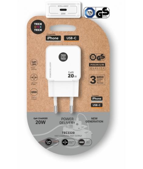 TechOneTech Cargador de Pared Ultrarrápido GaN 20w USB-C Blanco