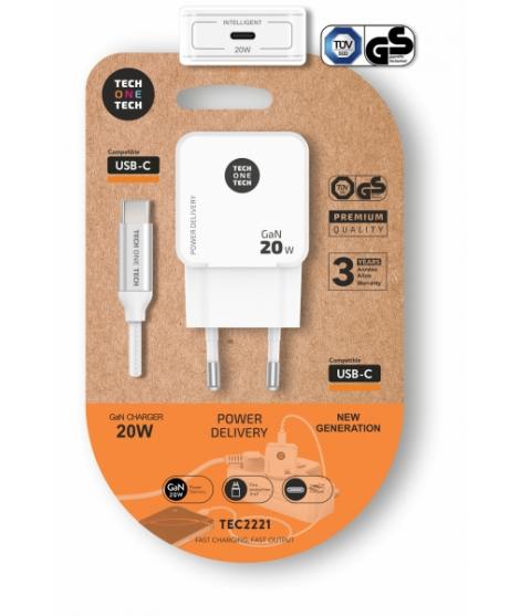 TechOneTech Cargador de Pared Ultrarrápido GaN 20w Blanco + cable USB-C