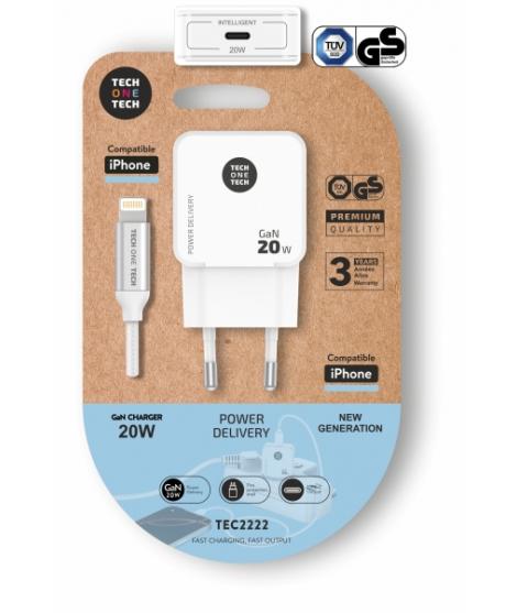 TechOneTech Cargador de Pared Ultrarrápido GaN 20w Blanco + Cable Apple