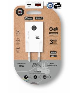 TechOneTech Cargador Doble de Pared Ultrarrápido GaN 30w USB-C+USB-A Blanco