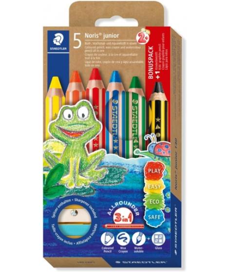 Staedtler Noris Junior Pack de 5 Lapices de Colores Extragruesos + Sacapuntas - 3 en 1, Lapiz, Cera y Acuarelable - Colores Surt