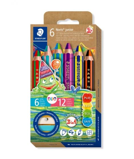 Staedtler Noris Junior Pack de 6 Lapices de Colores Extragruesos Duo + Sacapuntas - 3 en 1, Lapiz, Cera y Acuarelable - 2 Colore