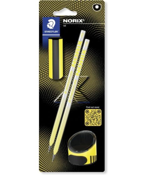 Staedtler Norix Pack de 2 Lapices de Grafito HB + Borrador + Sacapuntas - Madera Negra - Diseño Inteligente