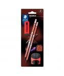 Staedtler Norix Pack de 2 Lapices de Grafito HB + Borrador + Sacapuntas - Madera Negra - Diseño Inteligente