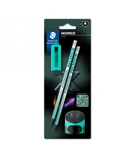 Staedtler Norix Pack de 2 Lapices de Grafito HB + Borrador + Sacapuntas - Madera Negra - Diseño Inteligente