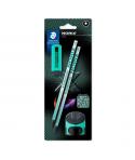 Staedtler Norix Pack de 2 Lapices de Grafito HB + Borrador + Sacapuntas - Madera Negra - Diseño Inteligente