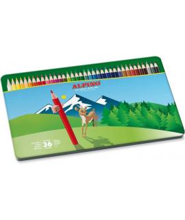 Alpino Caja Metalica con 36 Lapices de Colores Hexagonales - Mina de 3mm - Resistente a la Rotura - Bandeja Extraible - Colores 
