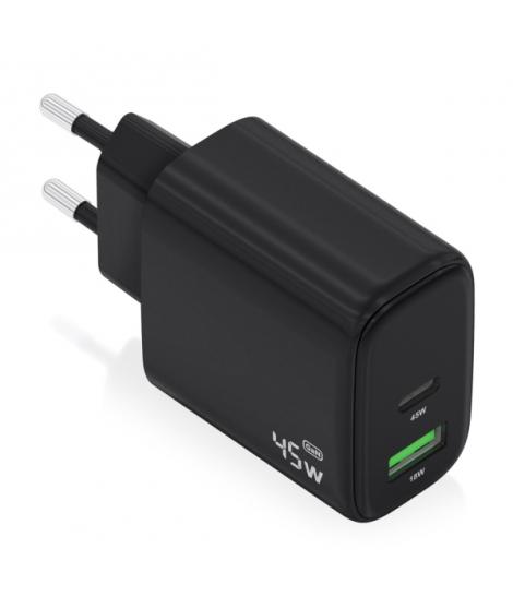 Aisens Cargador GAN 45W - 1xUSB-C PD3.0 QC4.0 y 1xUSB-A QC3.0 - Color Negro