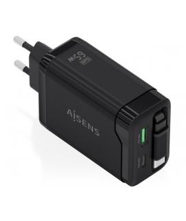 Aisens Cargador GAN 65W - 1xUSB-C PD3.0 y 1xUSB-A QC3.0 + Cable USB-C Retractil - Color Negro