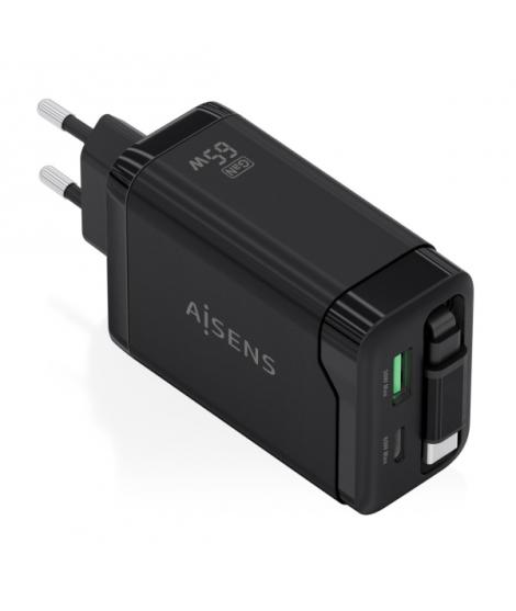 Aisens Cargador GAN 65W - 1xUSB-C PD3.0 y 1xUSB-A QC3.0 + Cable USB-C Retractil - Color Negro