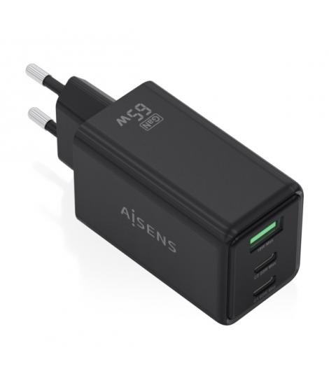 Aisens Cargador GAN 65W - 2xUSB-C PD3.0 QC4.0 y 1xUSB-A QC3.0 - Color Negro