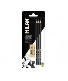 Milan Art Pack de 3 Lapices de Carboncillo + Goma The Master Gum - Color Negro
