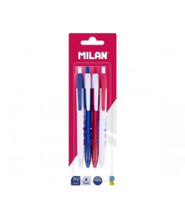 Milan P1 Nata® 624 Pack con 4 Boligrafos de Bola Retractiles - Punta Redonda 1mm - Tinta Color Azul - Cuerpos de Colores Surtido