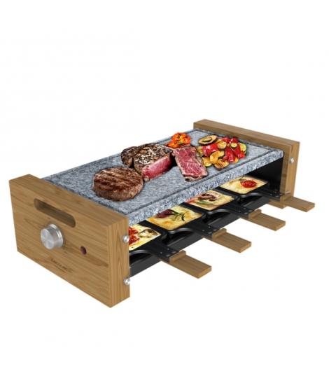 Cecotec Cheese and Grill 8600 Wood AllStone Raclette - Potencia de 1200W - 8 Sartenes Antiadherentes - Placa Piedra Natural - Te