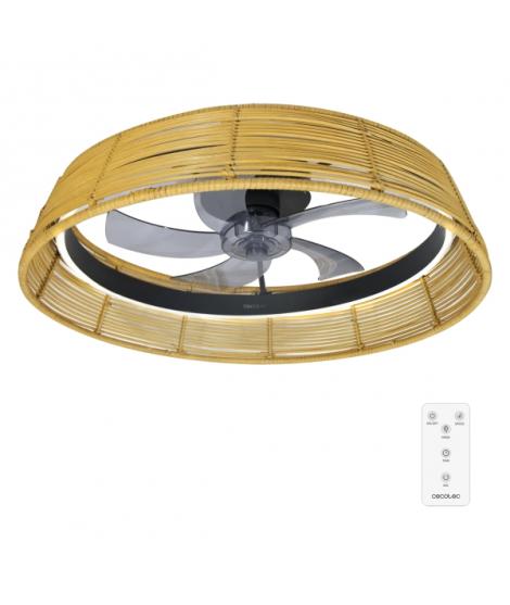 Cecotec EnergySilence LampAero 600 Natural Design Ventilador de Techo con 5 Aspas y Luz - 20W - Tulipa de Mimbre - 3 Tonos LED -