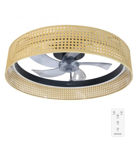 Cecotec EnergySilence LampAero 600 Beige Design Ventilador de Techo con 5 Aspas y Luz - 20W - Tulipa de Mimbre - 3 Tonos LED - T